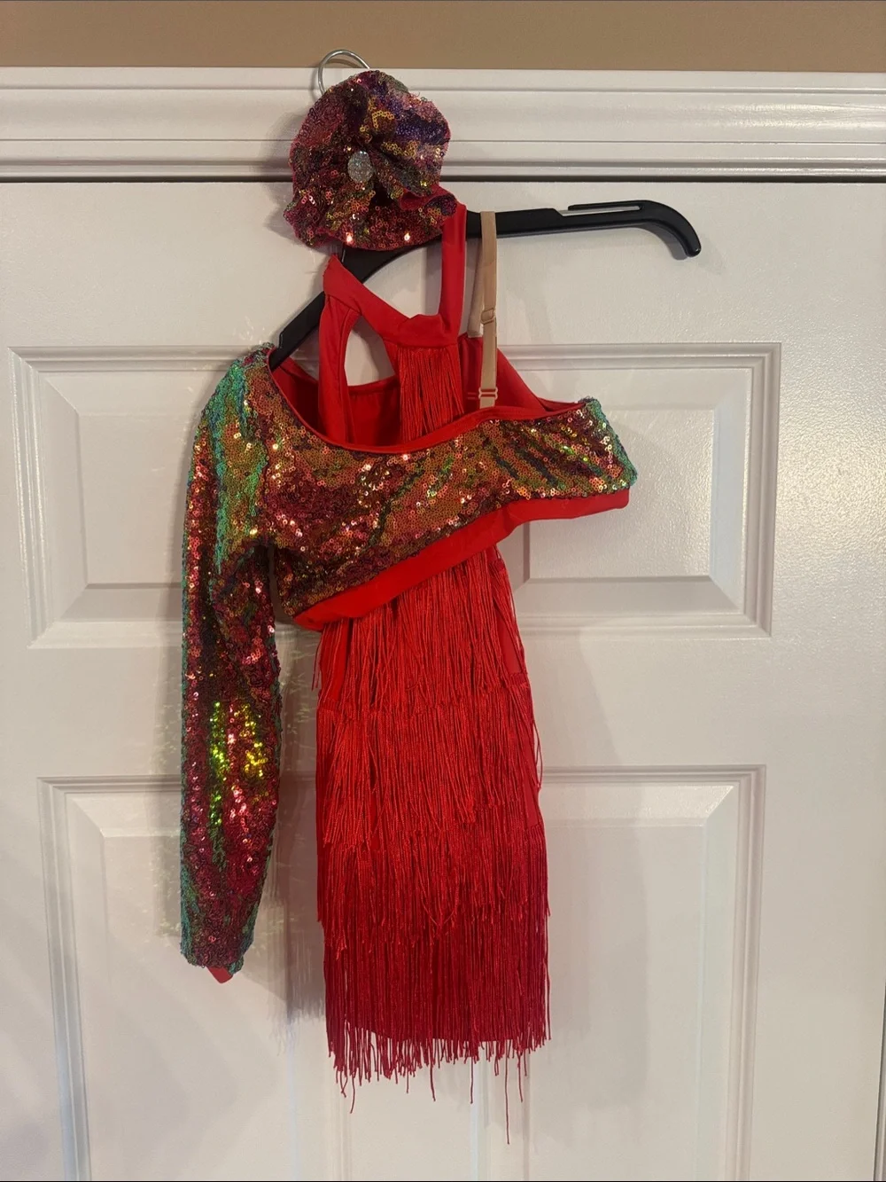 Kids Red Sequin Fringe Dance Costume with Matching Hair Clip